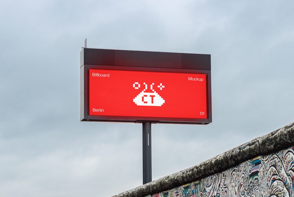 Outdoor billboard mockup in urban setting displaying pixel art cloud design, ideal for designers to showcase advertising content.